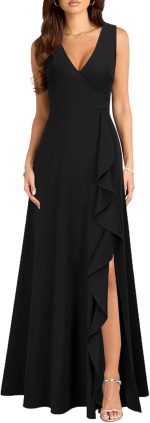 Women's V Neck Sexy Split Cocktail Dress with Pockets Ruffle Party Long Formal Dress