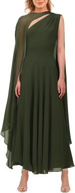 Women's Elegant One Shoulder A Line Flowy Maxi Dress Evening Gowns Party Formal Wedding Guest Dresses with Cape