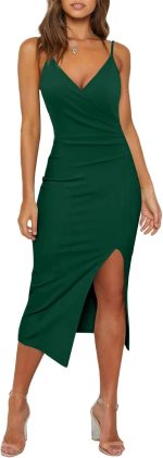 Women's Sexy V Neck Spaghetti Strap Sleeveless Wrap Ruched Side Slit Bodycon Cocktail Party Wedding Guest Dress