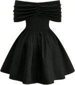 Women's Plus Size Off the Shoulder Short Dress Ruched A Line Flared Short Sleeve Cocktail Party Club Dresses - Image 2