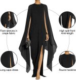 Women's Elegant High Split Flare Sleeve Formal Evening Gowns Maxi Dress with Cape - Image 2