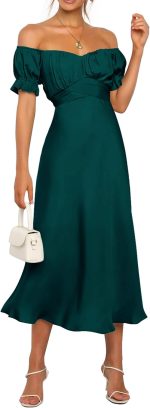 Women's 2026 Spring Summer Satin Wedding Guest Midi Dress Off The Shoulder Wrap Party Cocktail Formal Prom Dresses
