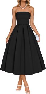 Women's Summer Strapless Cocktail Dresses 2026 Elegant Off Shoulder Flowy A Line Wedding Guest Party Midi Dress