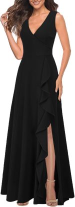 Women's V Neck Sexy Split Cocktail Dress with Pockets Ruffle Party Long Formal Dress - Image 2