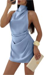 Women's Ruched Halter Mini Dress Tie Backless Bodycon Evening Party Cocktail Dresses