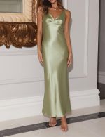 Womens Elegant Satin V Neck Backless Sleeveless Maxi Dress Silk Tie Low Back Formal Cocktail Dresses Wedding Guest - Image 2