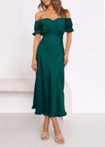 Women's 2026 Spring Summer Satin Wedding Guest Midi Dress Off The Shoulder Wrap Party Cocktail Formal Prom Dresses - Image 2