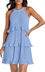 Women's 2026 Summer Halter Cocktail Dresses Sleeveless Ruffle Tiered Chiffon Pleated Wedding Guest Mini Dress