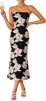 Cocktail Wedding Guest Dresses for Women 2026 Summer Strapless Floral Bodycon Mesh Tube Formal Party Midi Dress