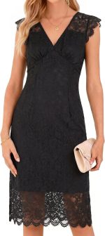 Women's Lace Cocktail Dress Sleeveless V Neck Elegant Bodycon Midi Dress for Wedding Guest Party Evening Formal