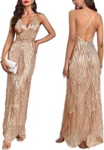 Women's V Neck Spaghetti Straps Sequin Sparkly Glitter Irregular Hem Prom Dress Backless Maxi Evening Gowns