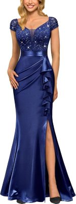 Women's Vintage V-Neck Slim Style Ruffle Split Evening Formal Maxi Dress