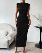 Women Ruched Bodycon Maxi Dresses Summer Casual Sleeveless Lightweight Slit Elegant Cocktail Wedding Guest Dress - Image 2