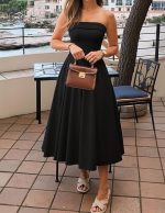 Women's Summer Strapless Cocktail Dresses 2026 Elegant Off Shoulder Flowy A Line Wedding Guest Party Midi Dress - Image 2