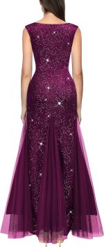 Women's Elegant V Neck Sleeveless Sequin Lace Evening Party Dress - Image 2