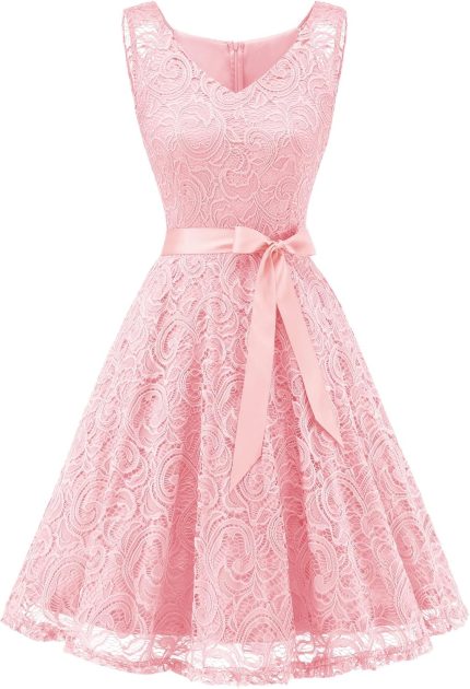 Women Floral Lace Bridesmaid Party Dress Short Prom Dress V Neck