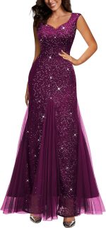 Women's Elegant V Neck Sleeveless Sequin Lace Evening Party Dress